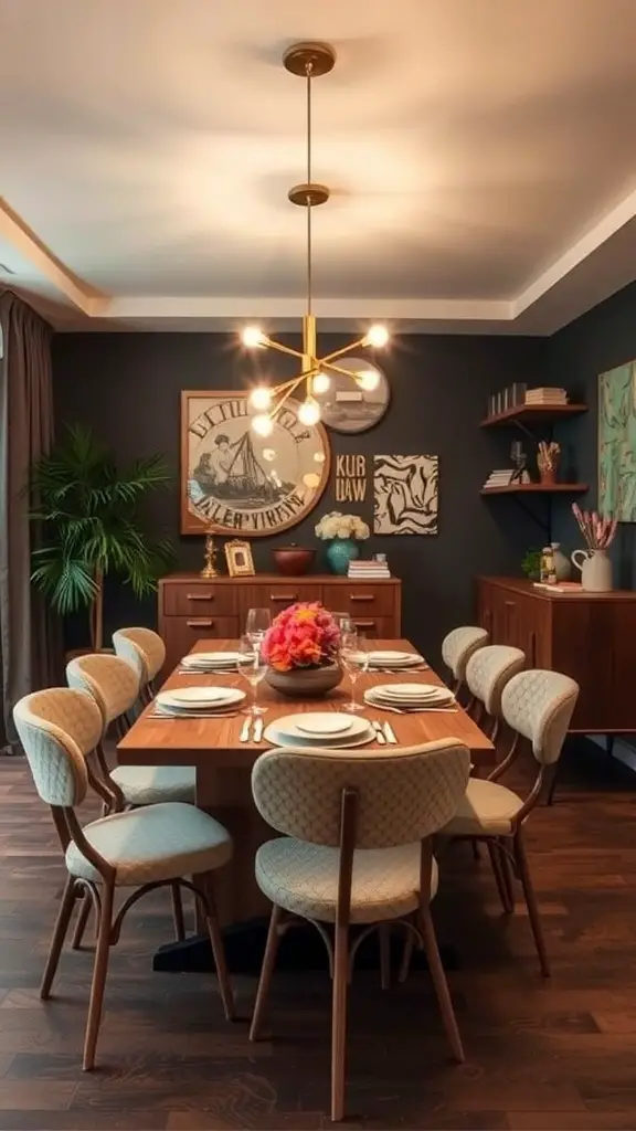 A stylish dining room with a large wooden table, modern chairs, dark walls, artwork, and a unique chandelier.