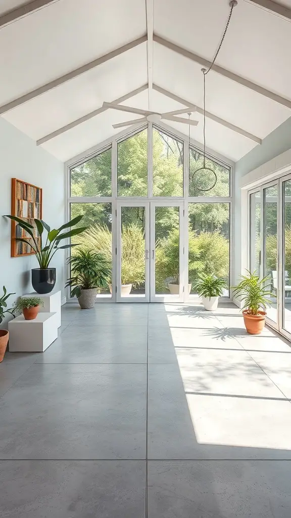 A sunroom with sleek concrete flooring, large windows, and potted plants.
