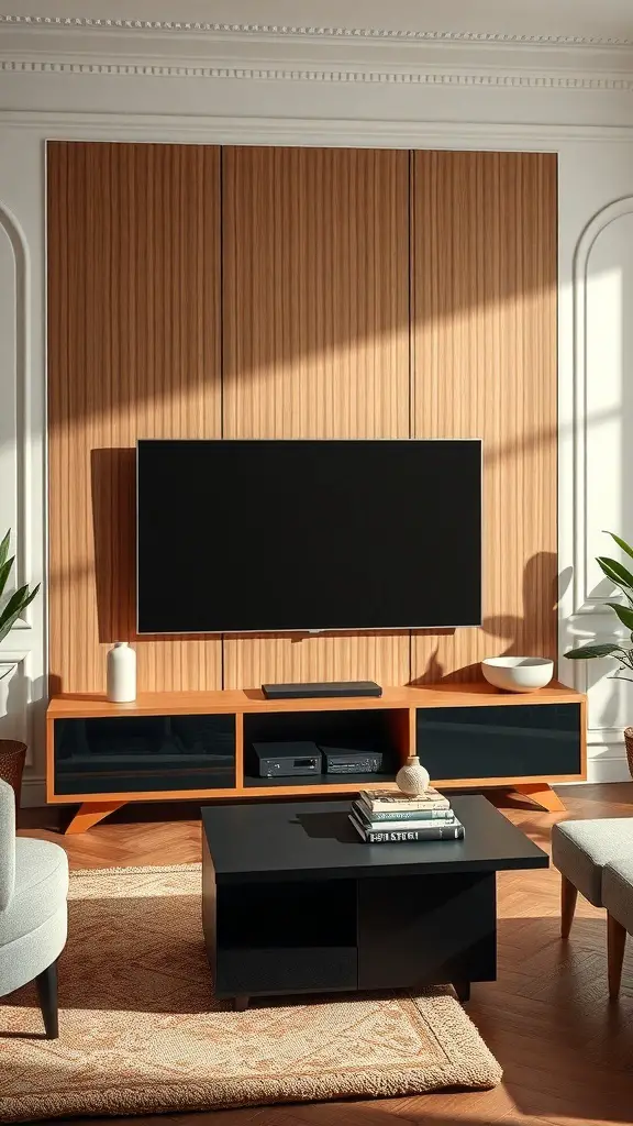 A modern living room featuring a sleek TV stand with a warm wood finish, complemented by a black coffee table and decorative items.