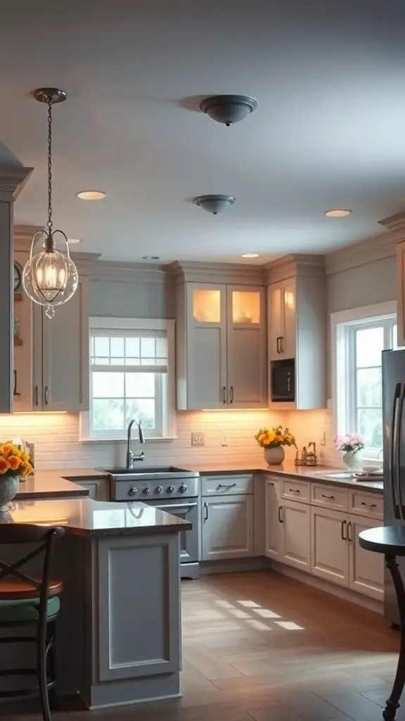 23+ Stunning U-Shaped Kitchen Layout Ideas 5 A well-lit U-shaped kitchen featuring pendant lights, recessed lighting, and under-cabinet illumination.