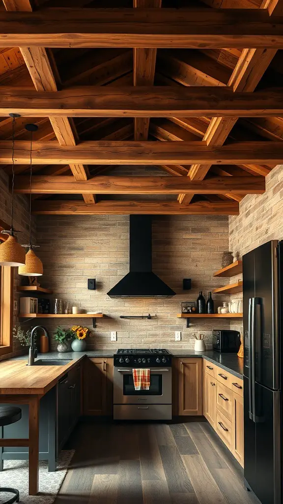 A kitchen featuring brown wooden beams and black fixtures, showcasing a blend of rustic and modern design.