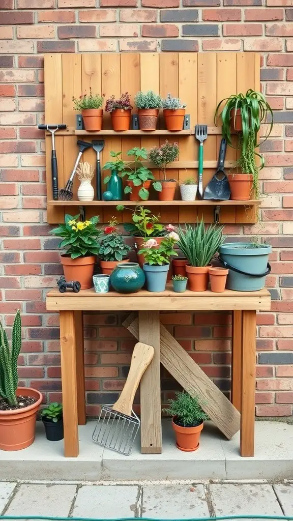 A vertical potting table with shelves holding various plants and gardening tools against a brick wall.