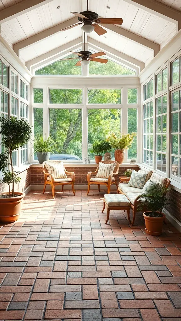 A sunroom featuring classic brick paver flooring, large windows, and comfortable seating.
