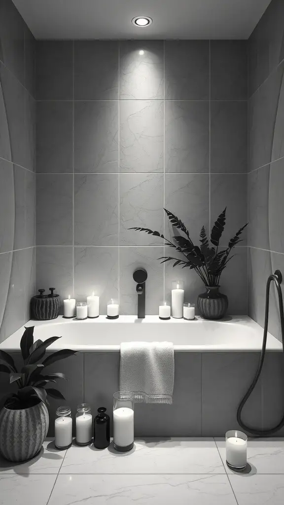 25+ Stunning Black and White Bathroom Ideas You’ll Love 6 A black and white bathroom featuring a bathtub surrounded by candles and plants, creating a serene atmosphere.
