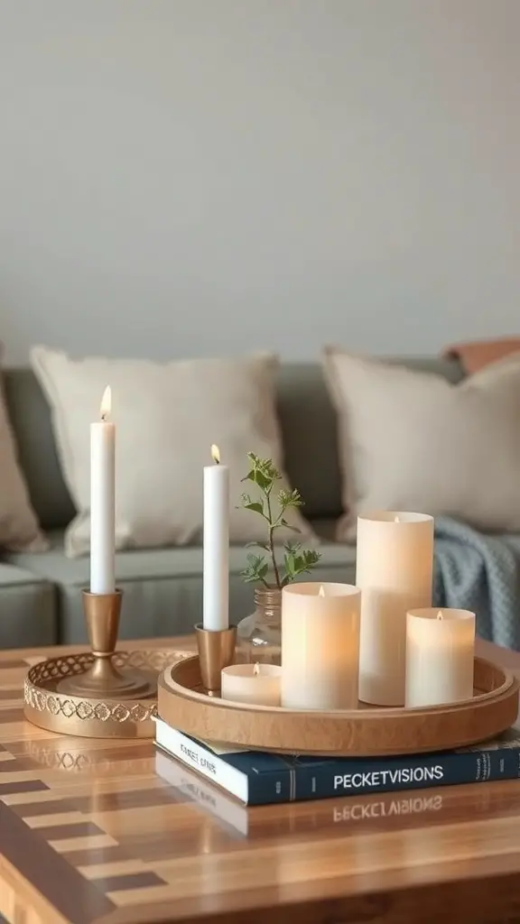 A cozy coffee table centerpiece with candles, books, and greenery.