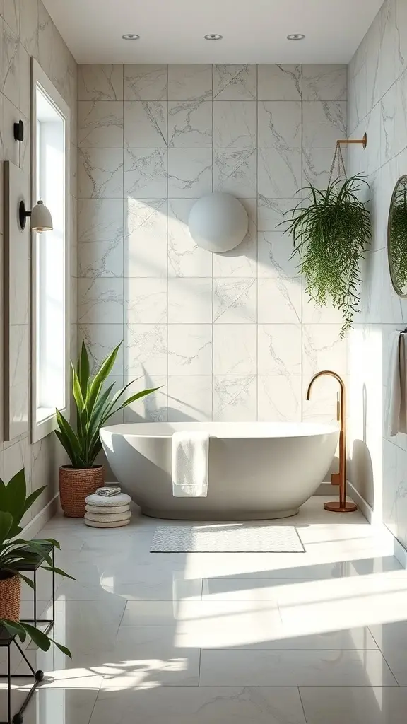 29+ Stunning Bathroom Interior Design Ideas for a Chic Retreat 5 A modern bathroom with a freestanding bathtub, plants, and elegant fixtures.
