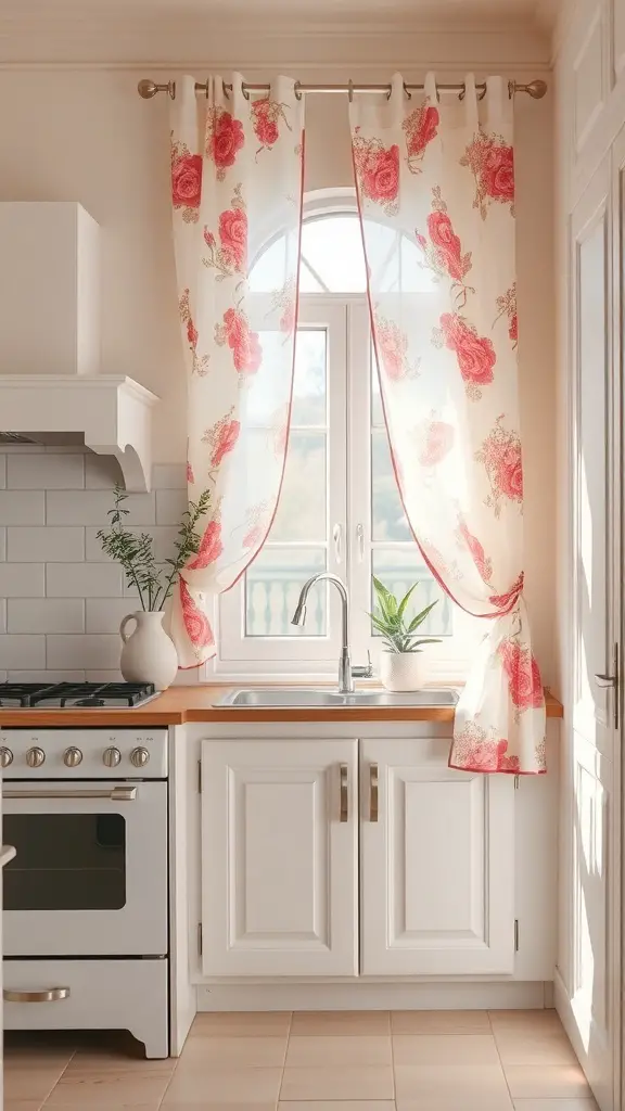 A kitchen with pink floral curtains by the window, featuring a white sink and wooden countertop.