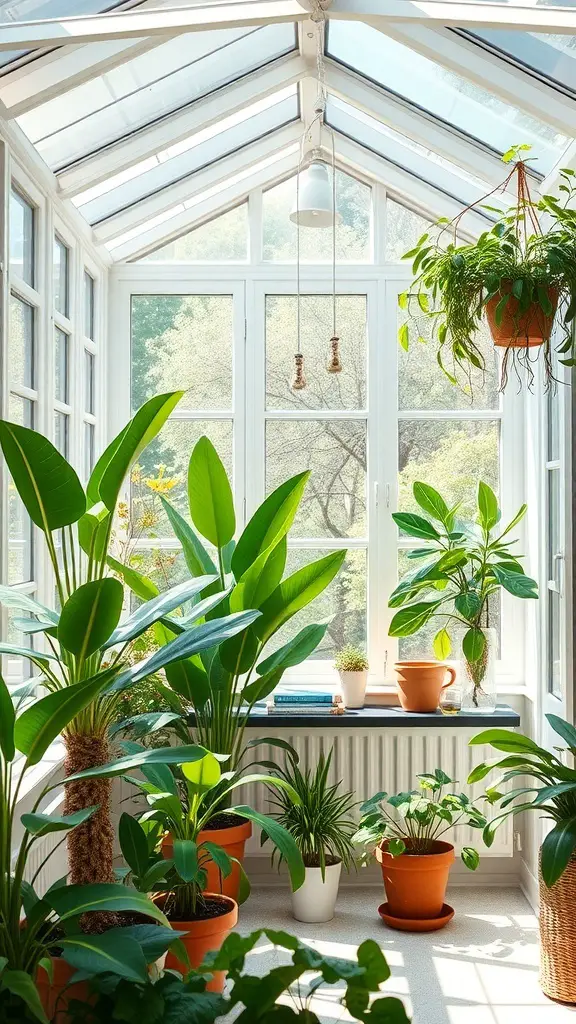 A bright sunroom filled with various plants and large windows, showcasing a serene and inviting atmosphere.