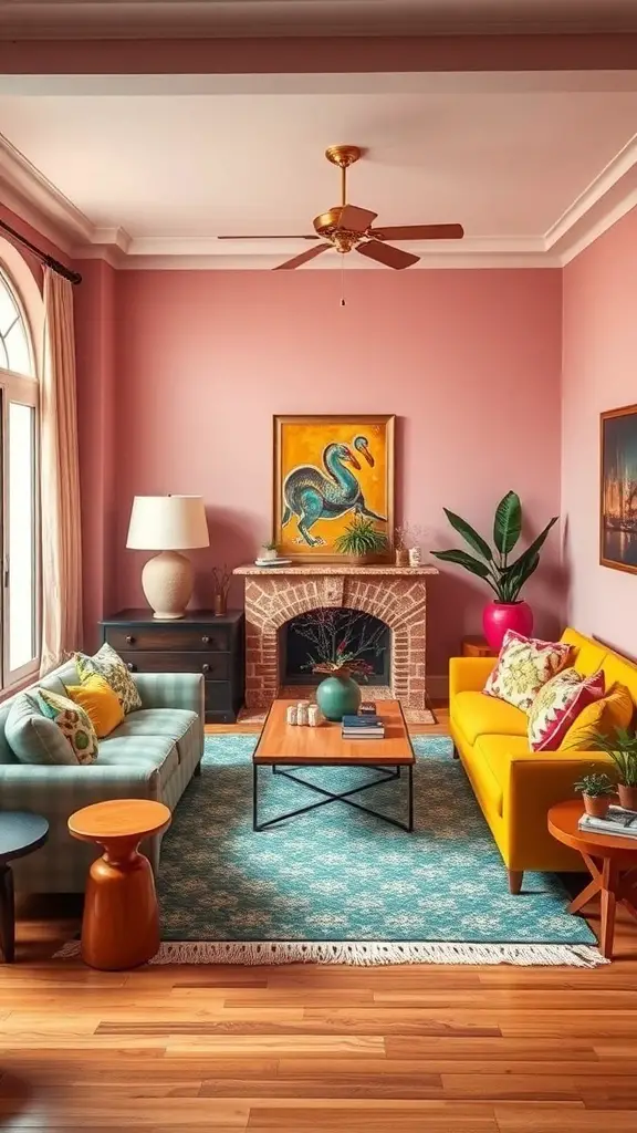 A colorful living room featuring a yellow sofa, teal couch, and pink walls, with vibrant decor and plants.