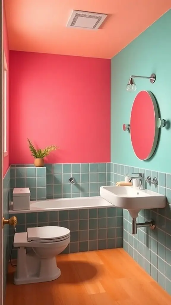 A mid-century modern bathroom featuring bold pink and teal walls with a plant and circular mirror.