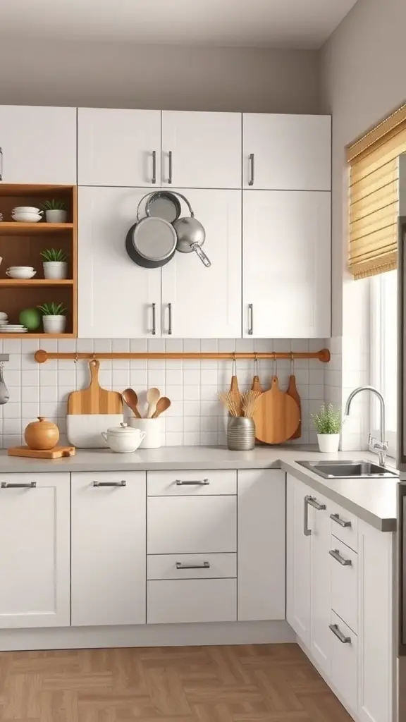 23+ Stunning U-Shaped Kitchen Layout Ideas 12 A modern U-shaped kitchen with white cabinets, open shelving, and decorative plants.