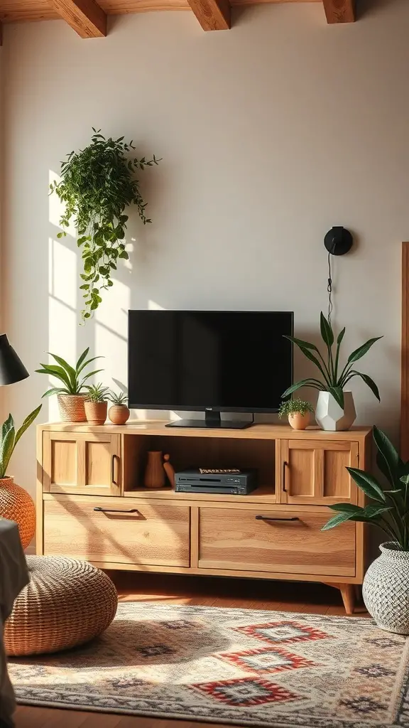 29+ Stunning Boho-Inspired Entertainment Centers to Transform Your Space 4 A cozy living room with a natural wood entertainment center, plants, and a warm atmosphere.