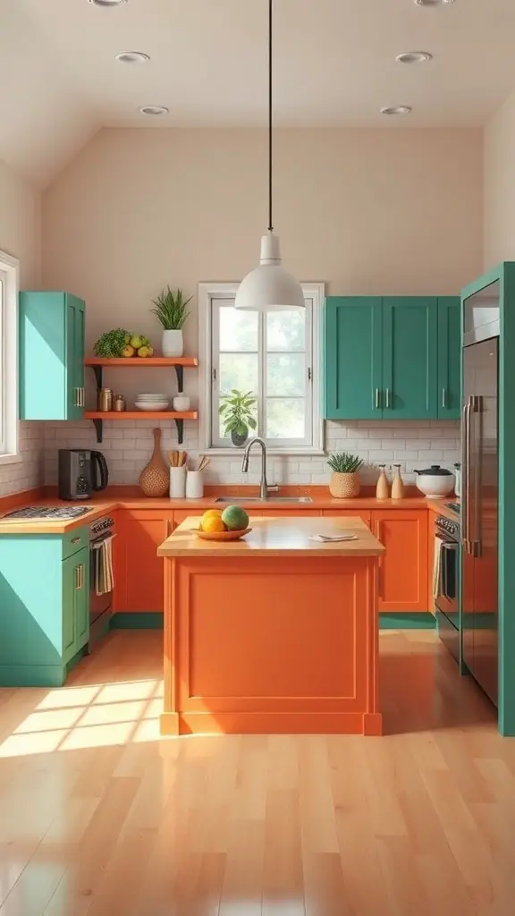 A small kitchen featuring teal cabinets and an orange island, with natural light illuminating the space.