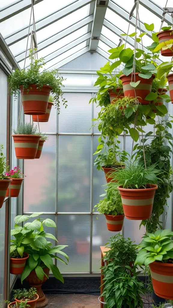 23+ Creative and Affordable DIY Greenhouse Ideas to Try 15 A greenhouse with hanging planters filled with various plants.