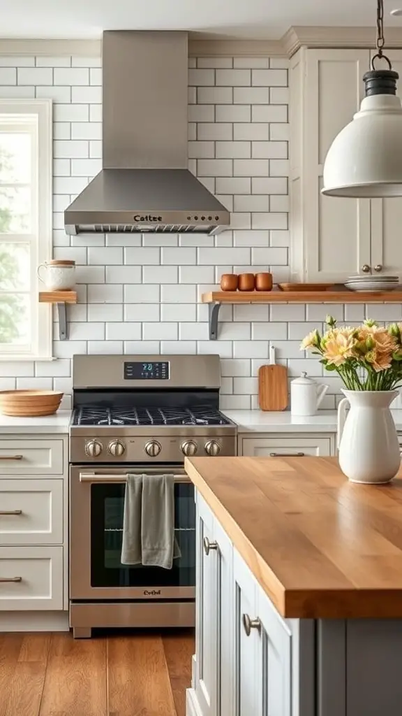 A modern kitchen featuring white subway tiles and a wooden countertop, showcasing a blend of shiplap and contemporary design.