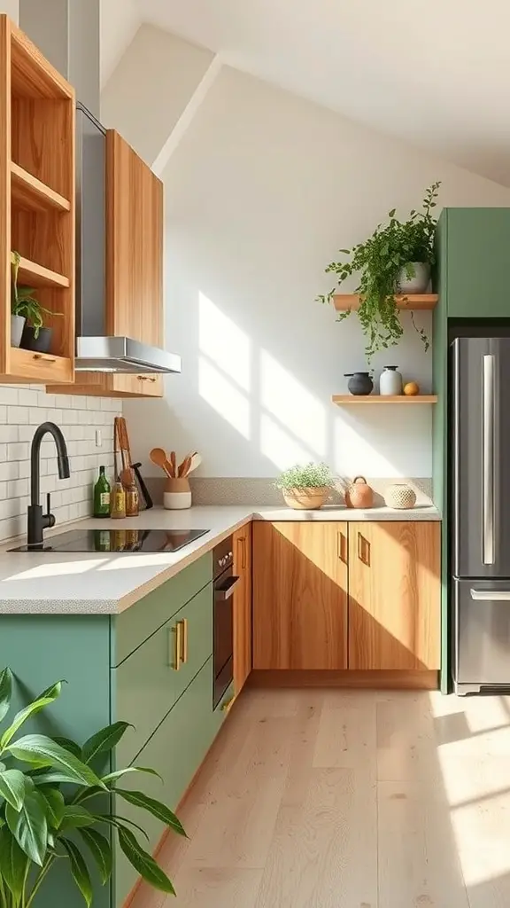 A bright kitchen featuring wooden cabinets, green accents, and plants, showcasing sustainable materials.