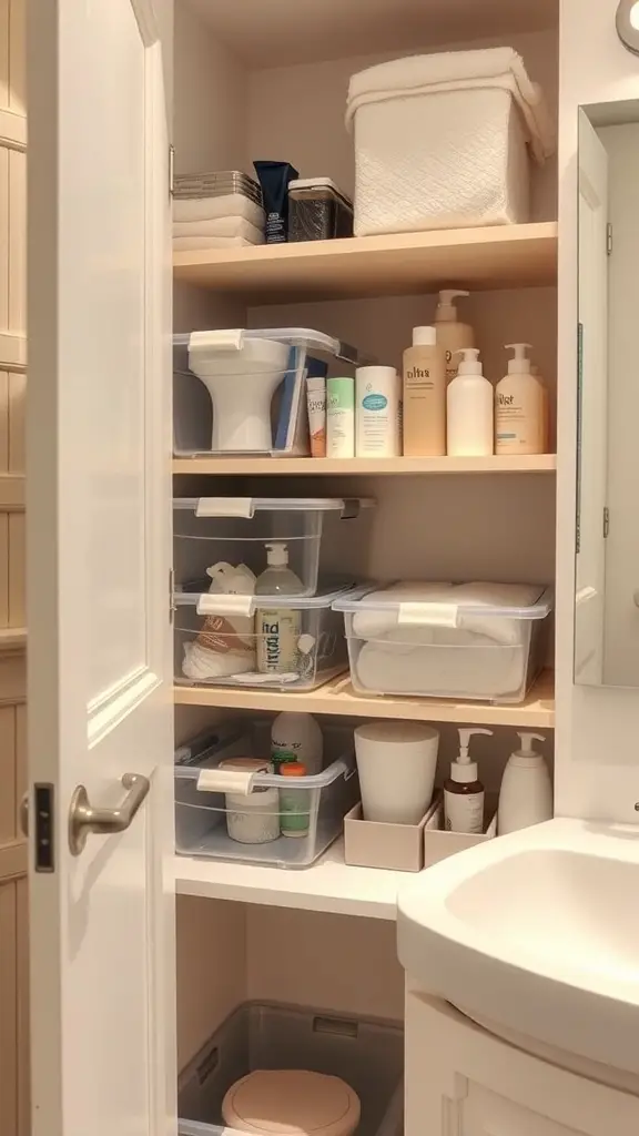 Organized bathroom storage with clear bins and labeled containers
