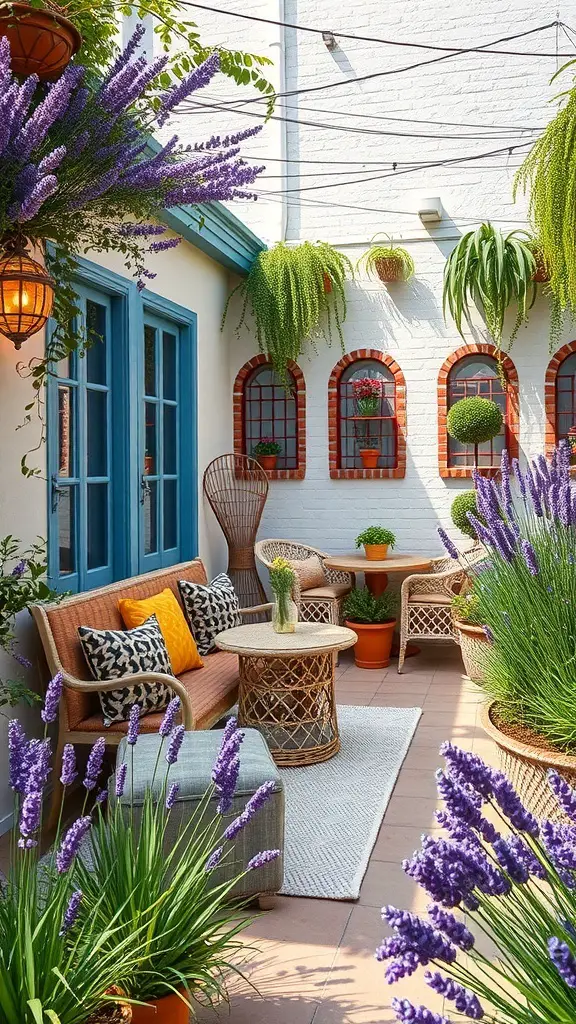 27+ Stunning Lavender Flower Varieties for Your Dream Garden 15 A cozy outdoor space featuring lavender flowers, comfortable seating, and decorative plants.