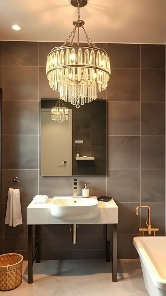 A stylish bathroom featuring a stunning chandelier as the main light fixture, with modern decor elements.