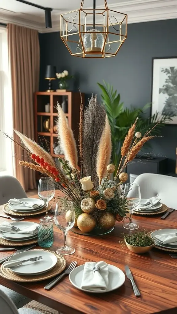 A beautifully arranged dining table with a unique centerpiece featuring dried flowers and decorative elements.