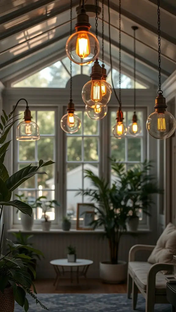 29+ Stunning Porch to Sunroom Conversion Ideas to Transform Your Home 16 Hanging lights in a sunroom with plants and large windows