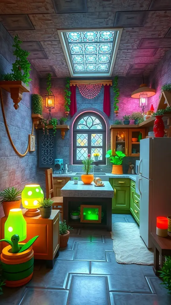 25+ Creative Minecraft Kitchen Designs You’ll Love 10 A colorful and whimsical Minecraft kitchen with plants, unique lamps, and a bright window.