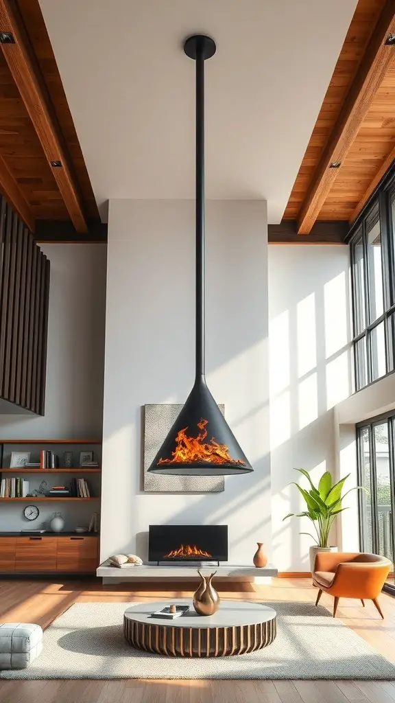 23+ Modern Fireplace Ideas to Elevate Your Home Decor 9 A modern suspended fireplace in a stylish living room with wooden beams and large windows.