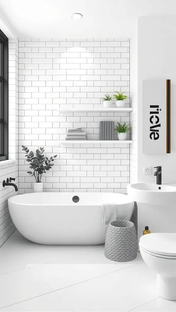 25+ Stunning Black and White Bathroom Ideas You’ll Love 13 A modern black and white bathroom featuring a freestanding bathtub, open shelves with plants, and stylish storage solutions.