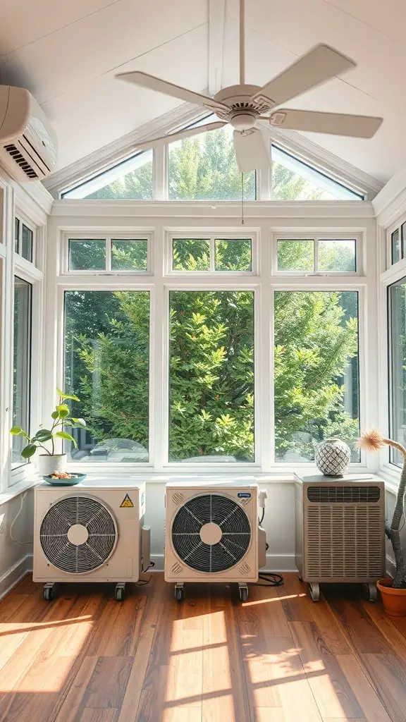 29+ Stunning Porch to Sunroom Conversion Ideas to Transform Your Home 10 A bright sunroom with a ceiling fan and air conditioning units, showcasing a comfortable space for heating and cooling.