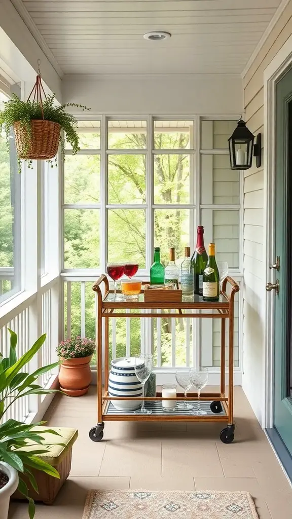 Stylish bar cart setup on a small screened-in porch with drinks and plants.