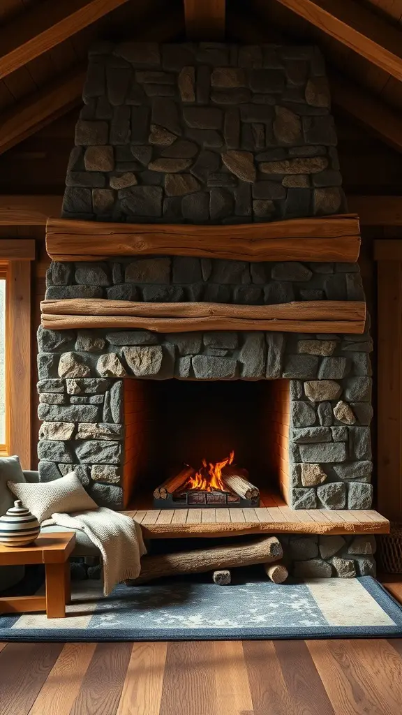 23+ Modern Fireplace Ideas to Elevate Your Home Decor 14 A rustic modern fireplace made of stone with a wooden mantel, featuring a warm fire and cozy decor.