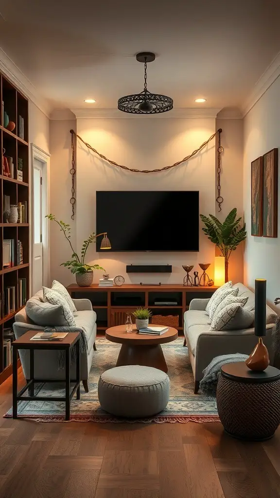 29+ Stunning Boho-Inspired Entertainment Centers to Transform Your Space 16 A cozy entertainment center with two sofas, a coffee table, and plants, creating a relaxing nook.