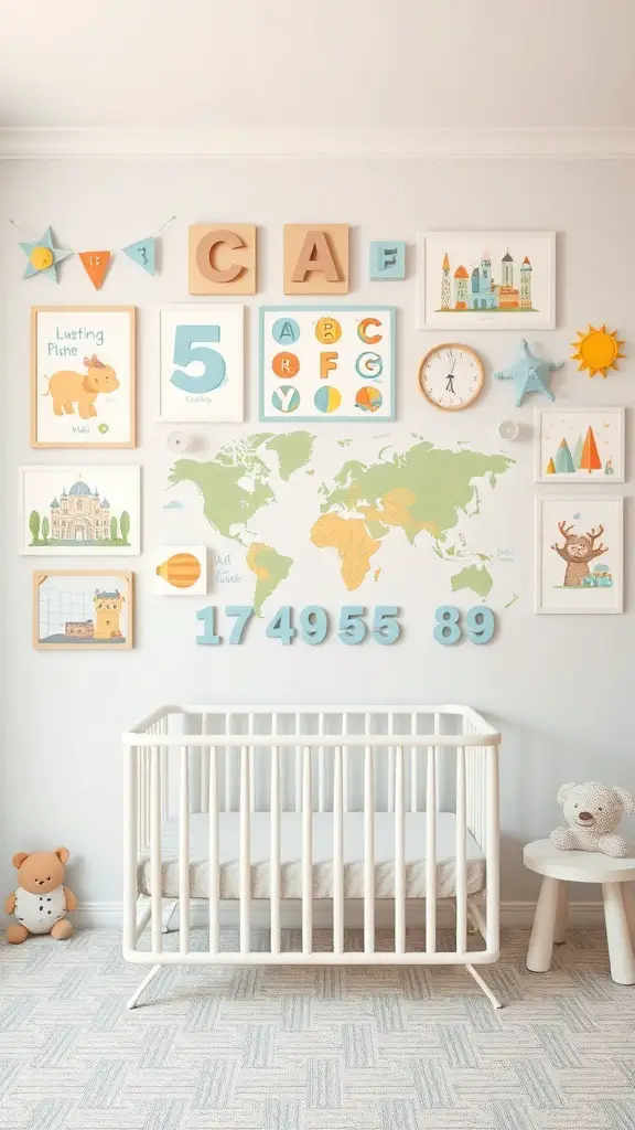 A nursery wall decorated with educational art including letters, numbers, and a world map.