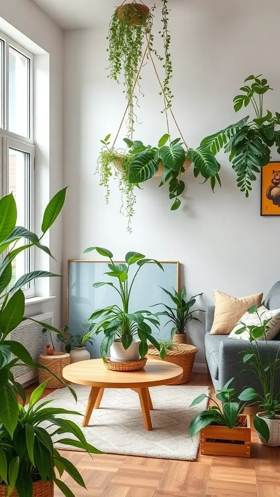 29+ Stunning Family Room Addition Ideas for Your Home 13 A cozy family room with various indoor plants, including hanging and potted plants, creating a fresh and inviting atmosphere.