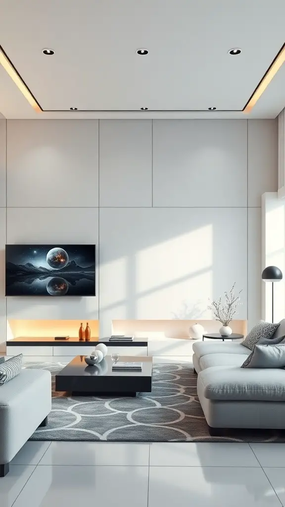 25+ Creative TV Wall Paneling Ideas for a Stylish Living Room 13 Modern living room with a sleek TV wall panel and smart technology integration.