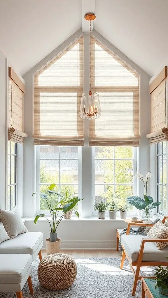 29+ Stunning Sunroom Curtain Ideas to Brighten Your Space 7 A sunroom featuring light-colored Roman shades, plants, and modern furniture.