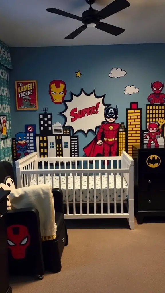 A superhero-themed nursery with colorful wall art and a white crib.