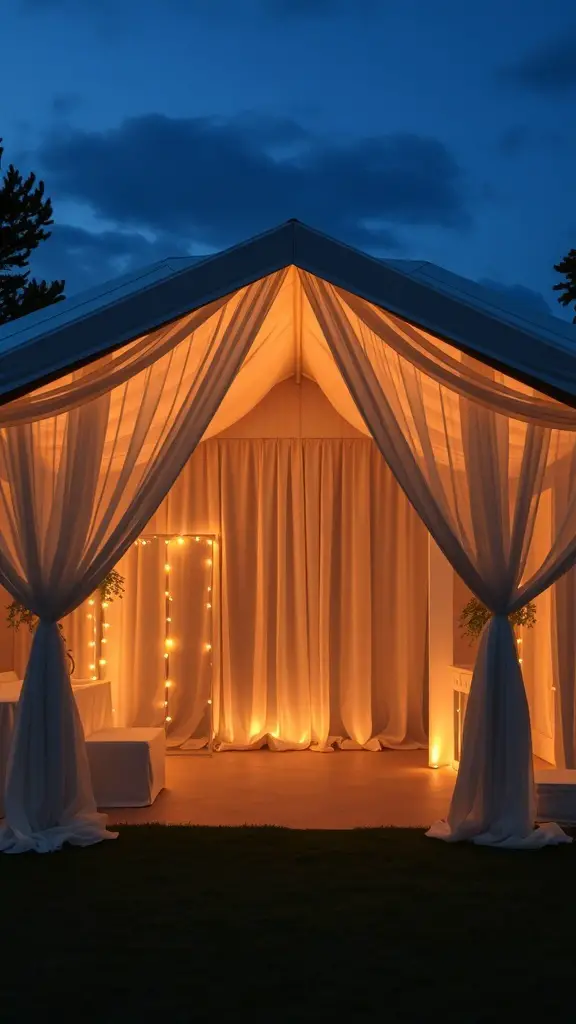 A beautifully lit tent with soft curtains, providing a cozy and private restroom area for outdoor events.