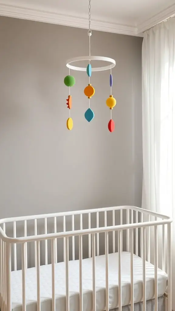 Colorful mobile hanging above a crib in a nursery
