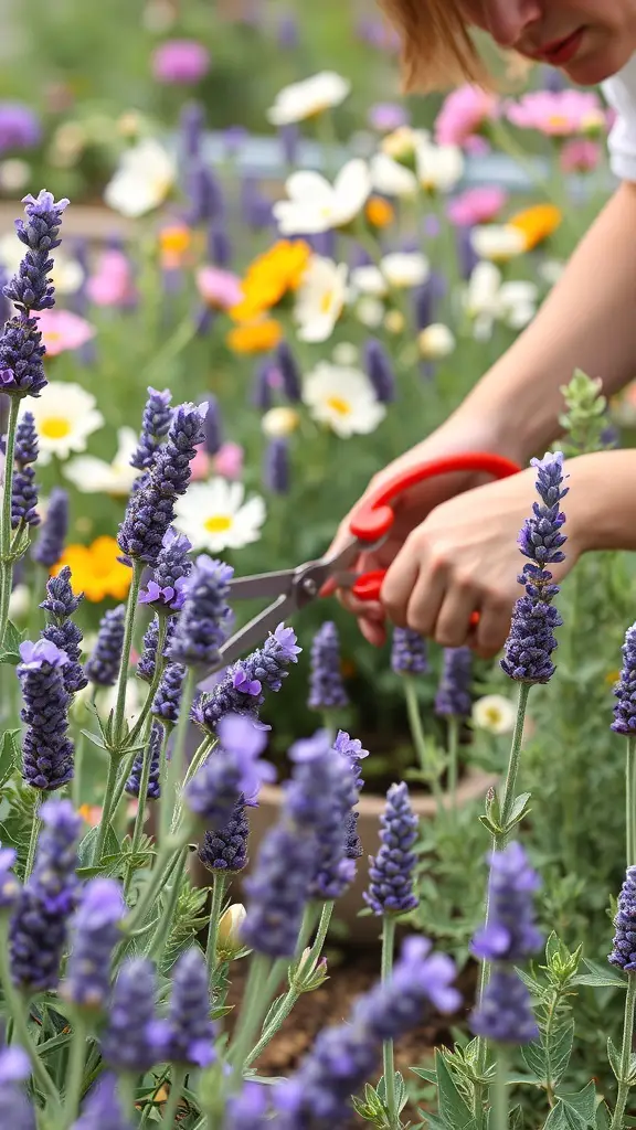 27+ Stunning Lavender Flower Varieties for Your Dream Garden 7 A person pruning lavender flowers in a colorful garden.