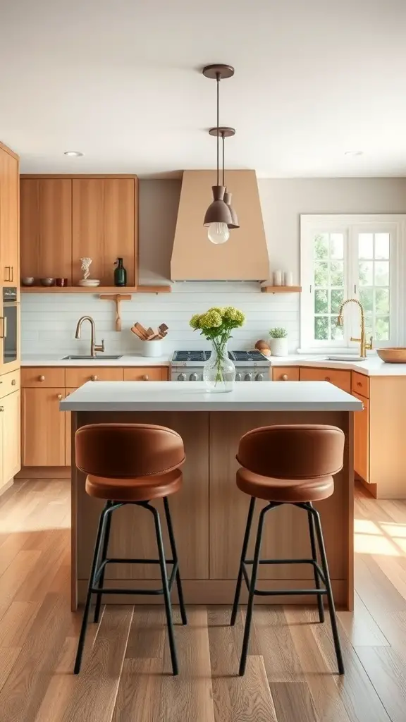 A modern kitchen featuring a stylish island with two brown cushioned bar stools, warm wood cabinetry, and pendant lighting.