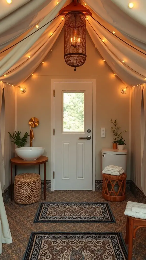 Chic glamping restroom with draped ceiling, modern sink, and warm lighting