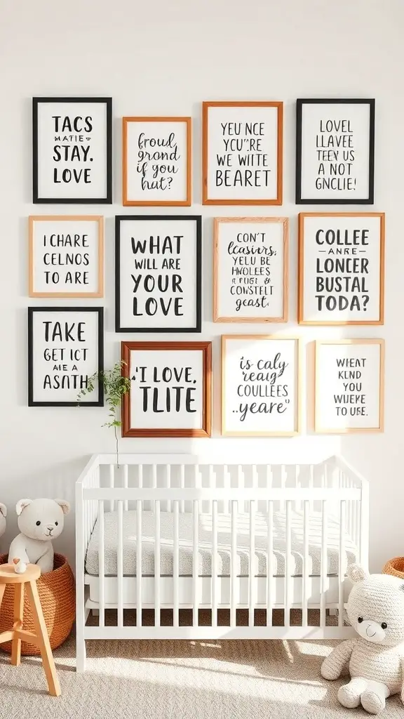 A nursery wall decorated with framed inspirational quotes in various styles.