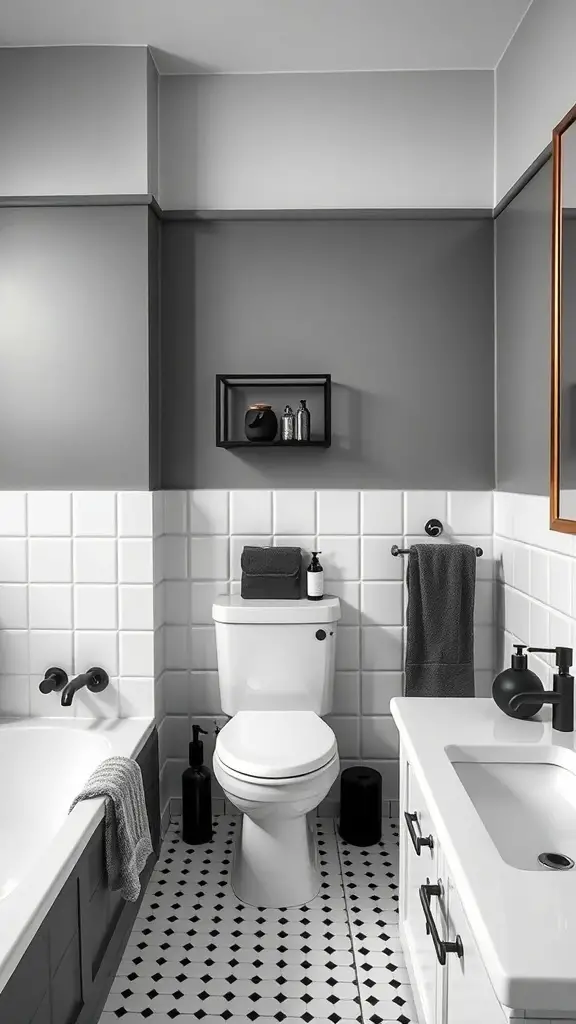 25+ Stunning Black and White Bathroom Ideas You’ll Love 7 A stylish black and white bathroom featuring bold accessories.