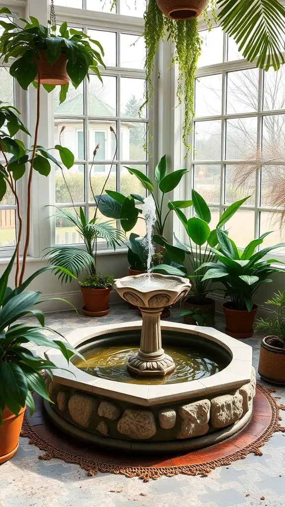A cozy sunroom featuring a small stone fountain surrounded by various houseplants.