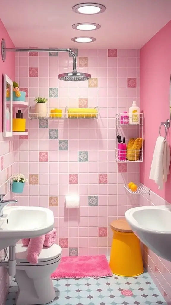 27+ Whimsical Kids Bathroom Ideas for a Fun and Functional Space 10 A vibrant kids bathroom with pink tiles, colorful storage solutions, and a cheerful atmosphere.