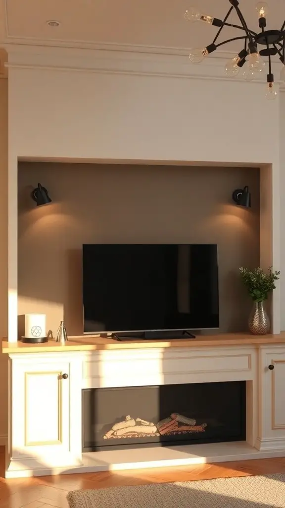 A modern mantle with a TV and stylish lighting features