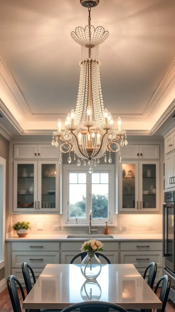 A beautiful chandelier hanging over a kitchen table, adding elegance to the space.
