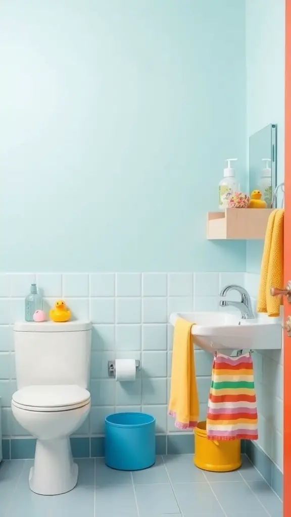 27+ Whimsical Kids Bathroom Ideas for a Fun and Functional Space 3 A bright and playful kids bathroom featuring soft blue walls, colorful accessories, and cheerful decor.