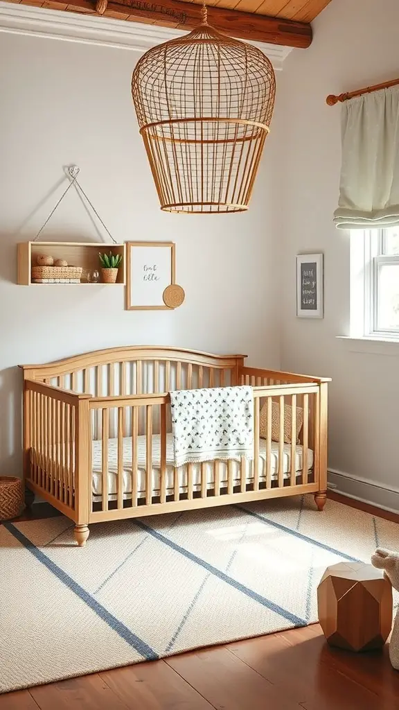 A stylish nursery featuring a wooden crib, unique hanging light, and decorative elements.